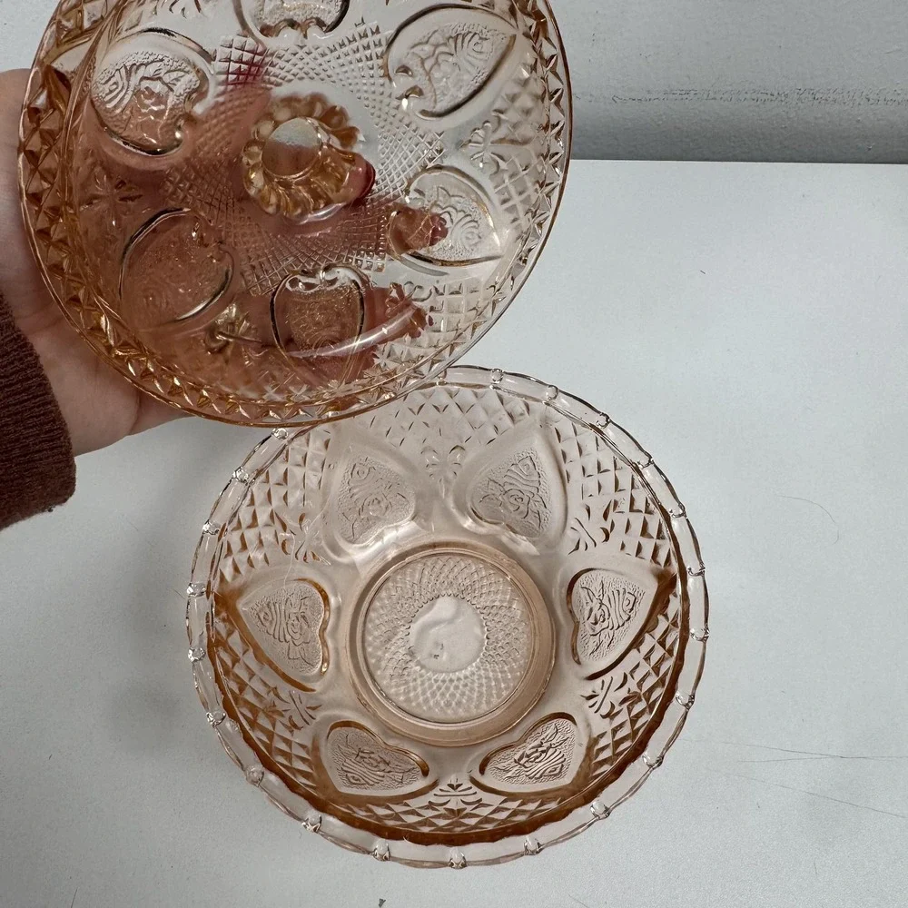 Pink Depression Glass Candy Dish Lidded Bowl Diamond‎ Cut Coquette Cottagecore